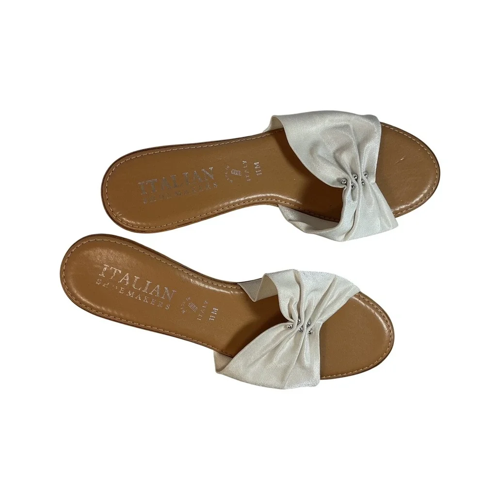 Italian Shoemakers Womens White Fabric Studded Wedge Slide Sandals Size 11M